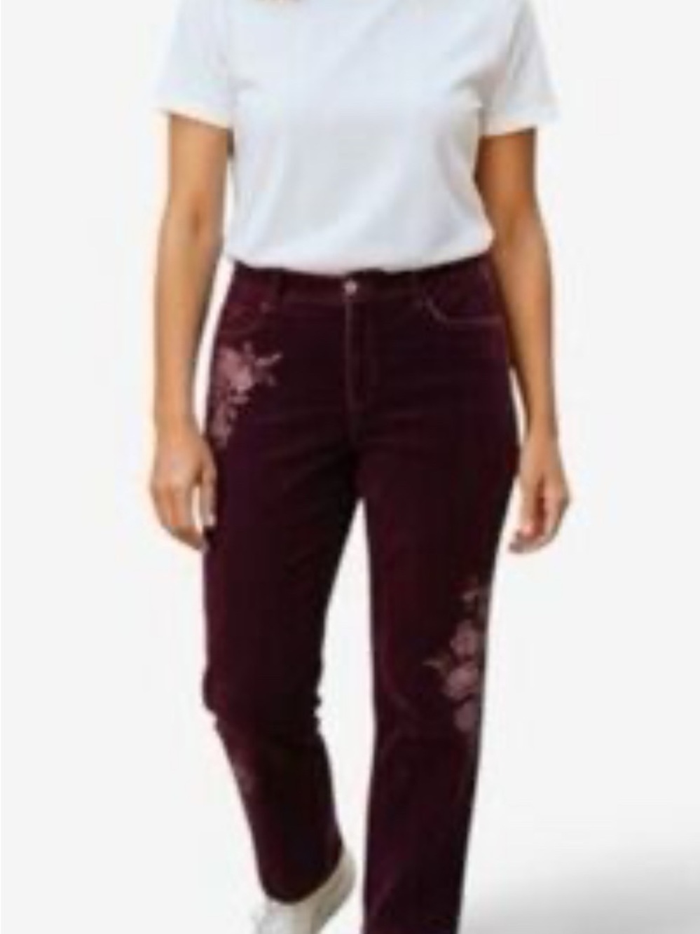 Sundance Women's Burgundy Velvet Straight-Leg Jeans with Pink Floral Embroidery